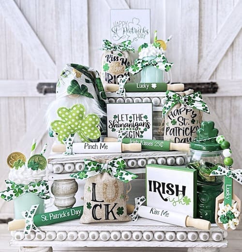 square beaded tray with st. patrick's day tiered tray decor