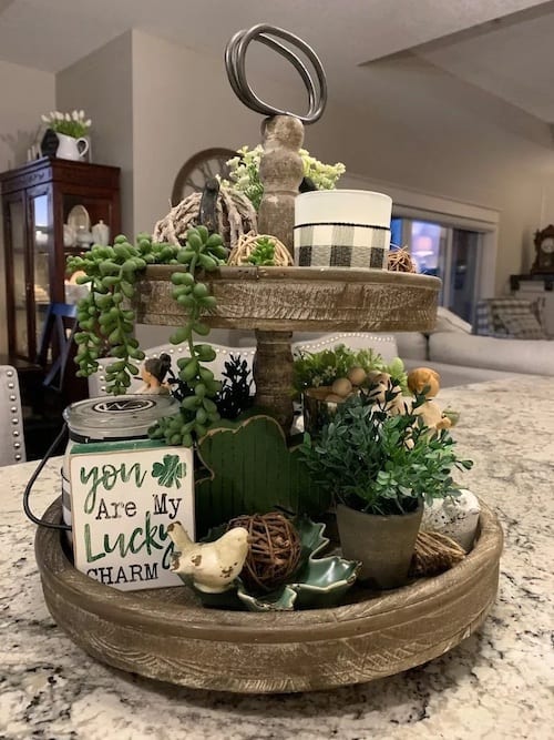 Greenery and Rustic Decor on wood tray