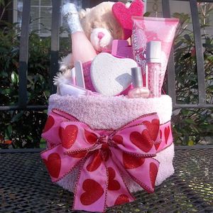 valentine towel wrapped gift basket