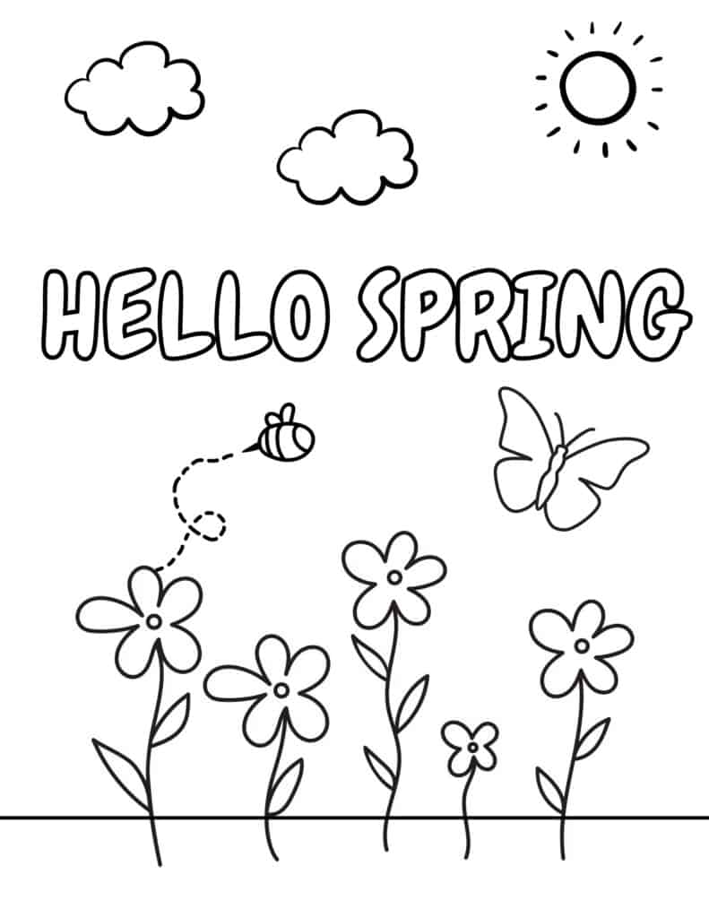 hello spring words with flowers on the ground