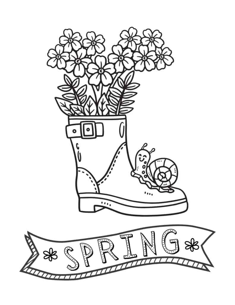 spring rain boots with flowers inside coloring page