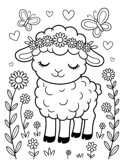 spring lamb with flower crown coloring page