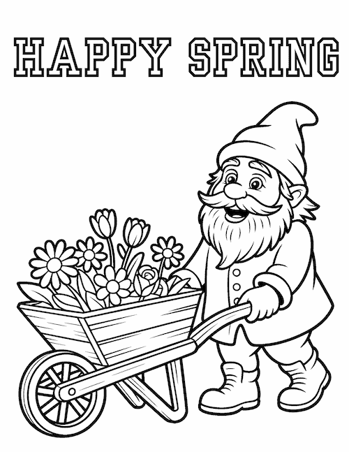 gnome pushing a wheelbarrow