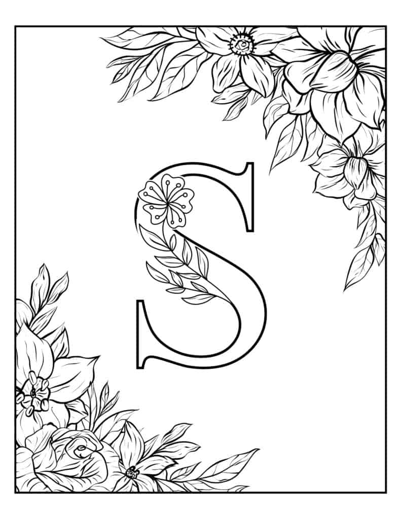spring monogram coloring page with floral corners