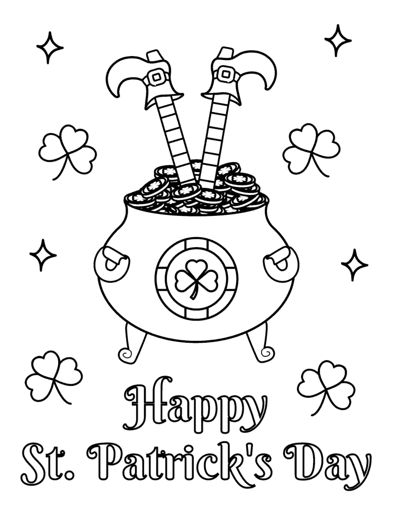 st patrick's day coloring page with an upside down leprechaun in a pot of gold
