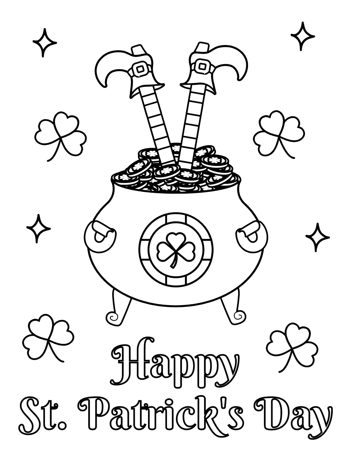 st patrick's day coloring page with an upside down leprechaun in a pot of gold