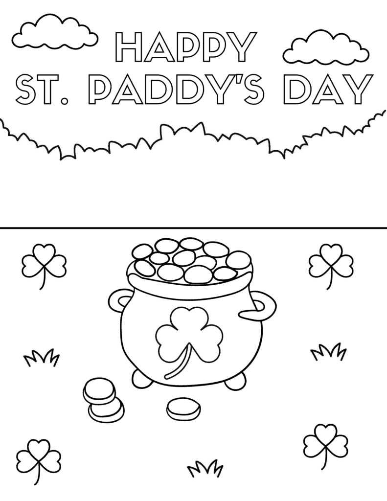 happy st patricks day coloring page with pot of gold