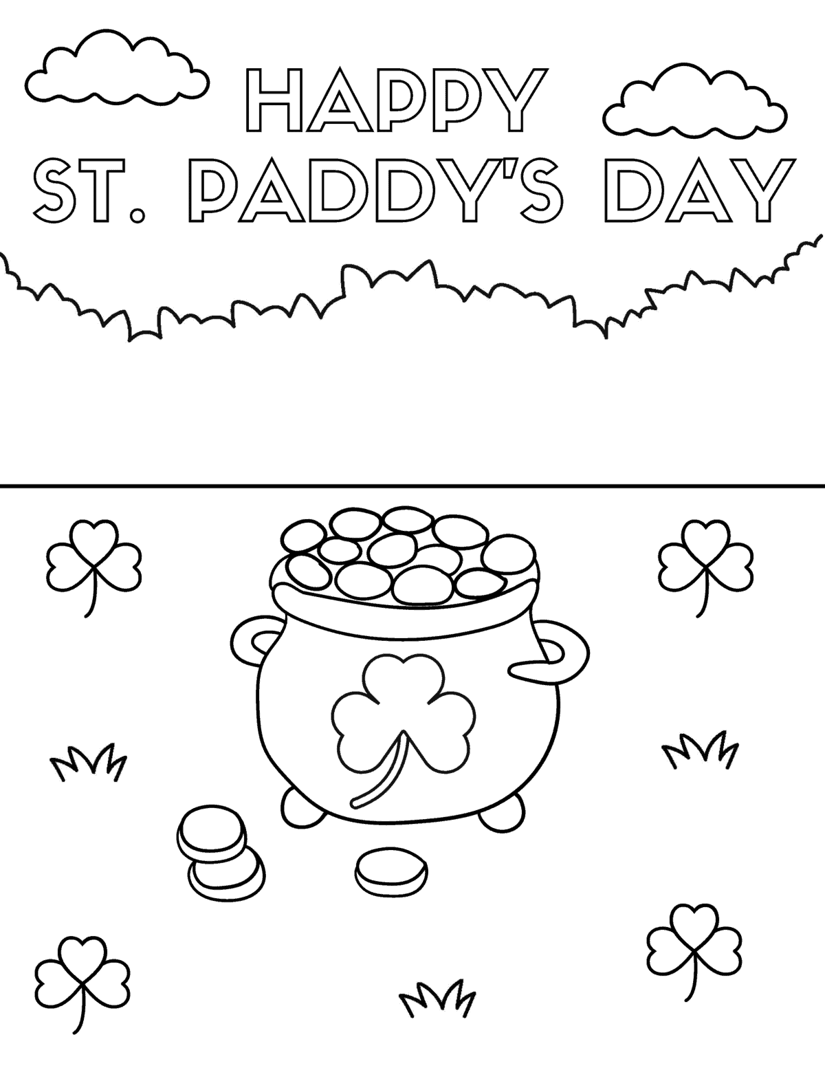 happy st patricks day coloring page with pot of gold