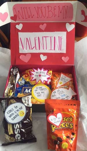 valentine gift basket filled with snacks and candy