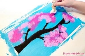 painting cherry blossom tree with cotton balls