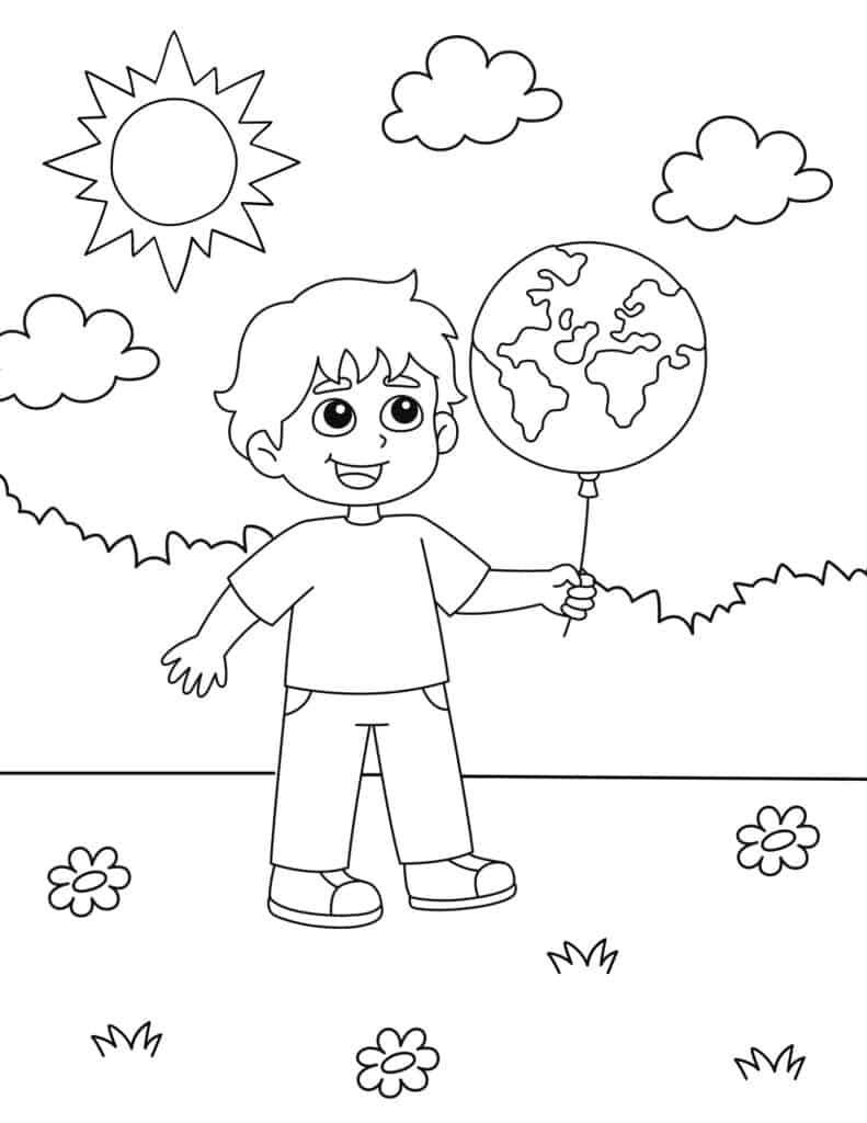boy with earth balloon coloring page