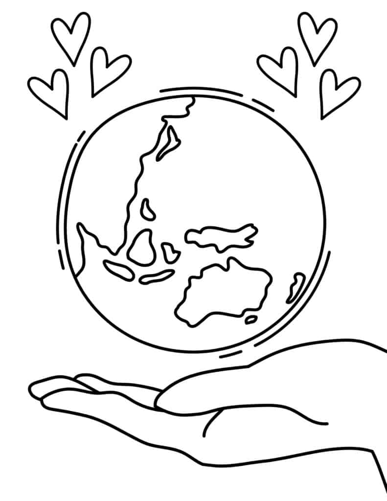 earth coloring page with hearts