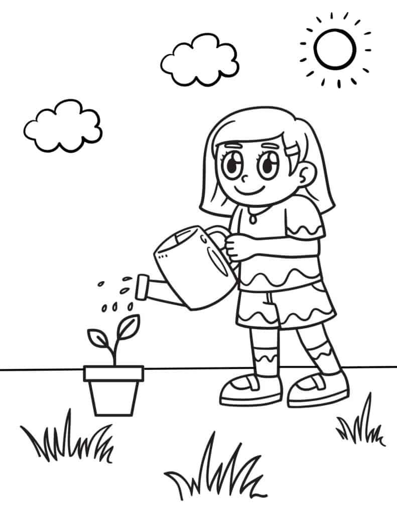girl watering plant outdoors