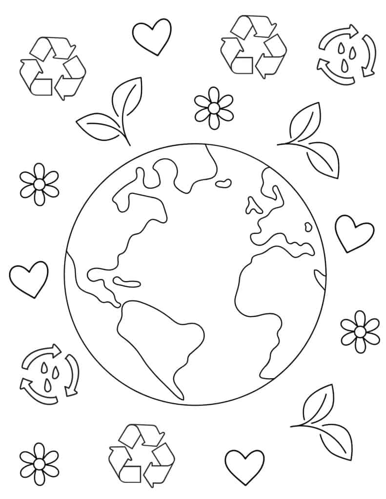planet with planets, flowers and recycling symbols