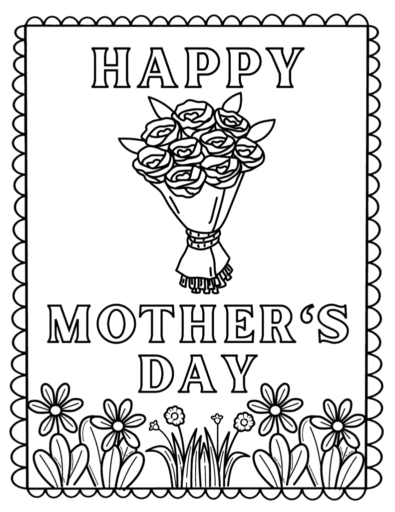 happy Mother's Day coloring page with bouquet 