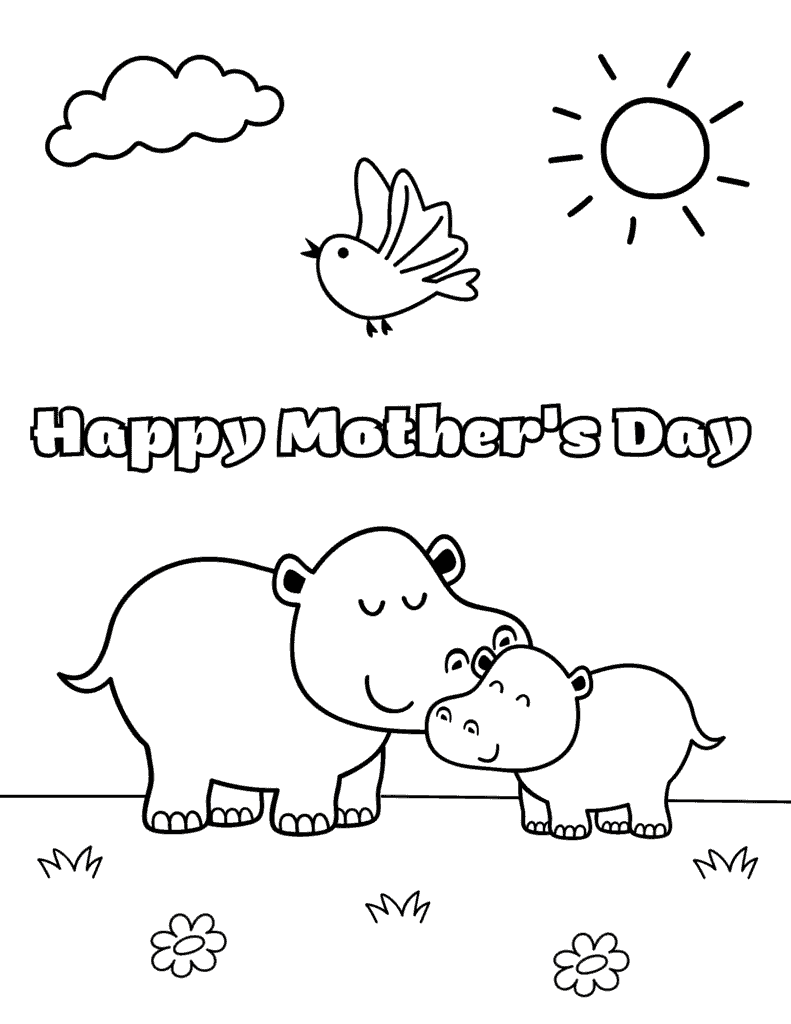 mom and baby hippo coloring page