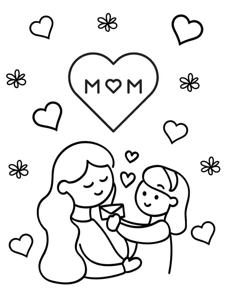 mom coloring page with hearts and flowers