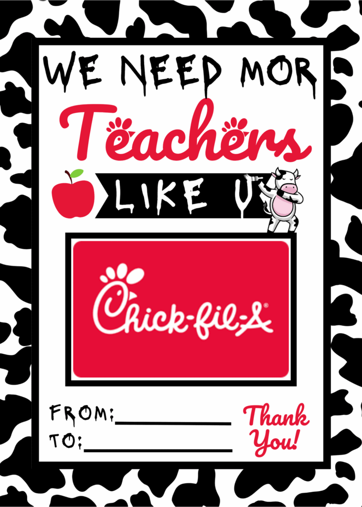 Teacher Thank You Card for Chick-fil-a Gift Card, Printable Gift