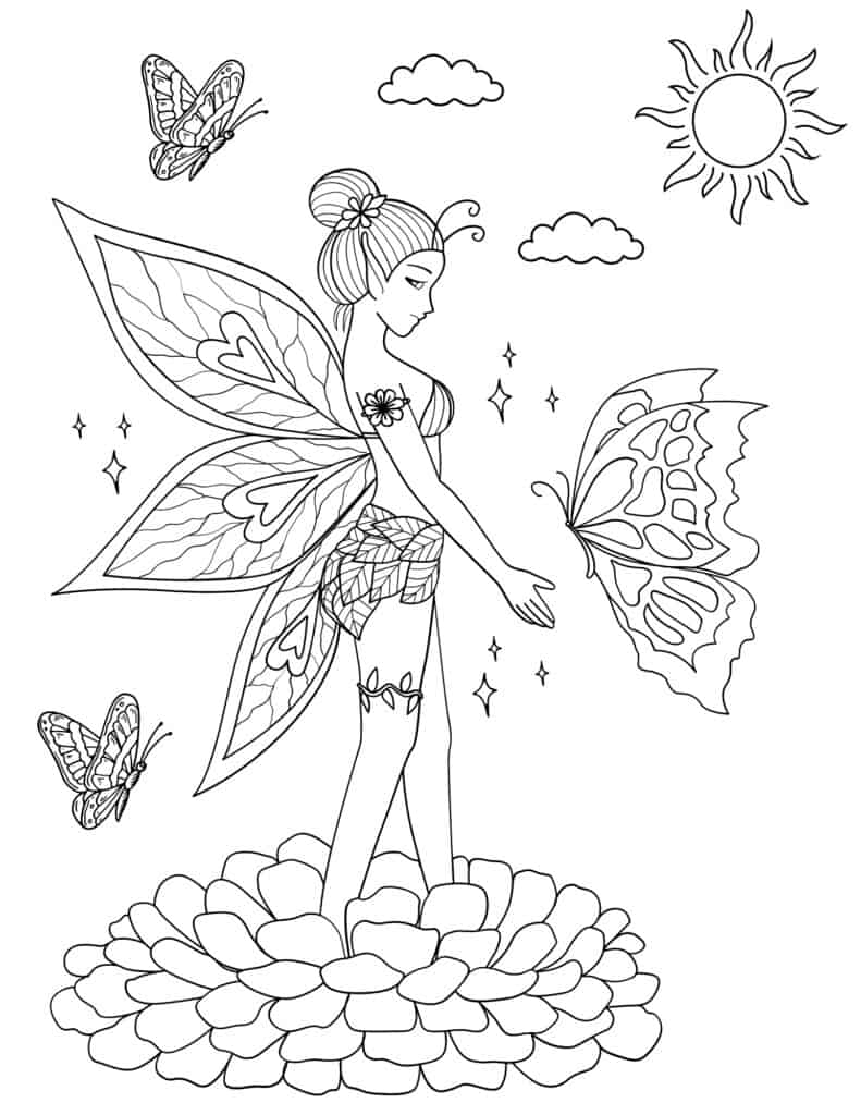 coloring page of a fairy standing on a flower surrounded by butterflies