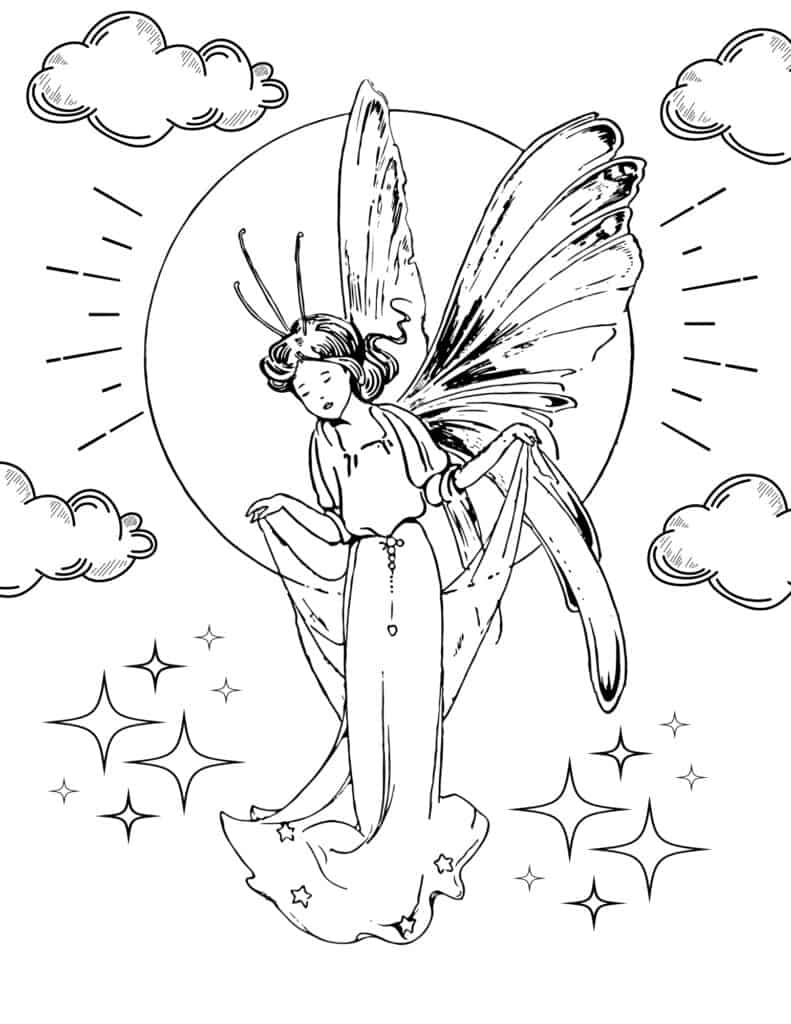 coloring page of a fairy floating in the clouds with the moon and stars in the background