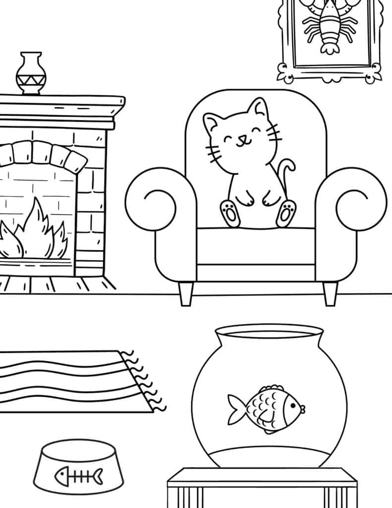 cat sitting on the sofa coloring page