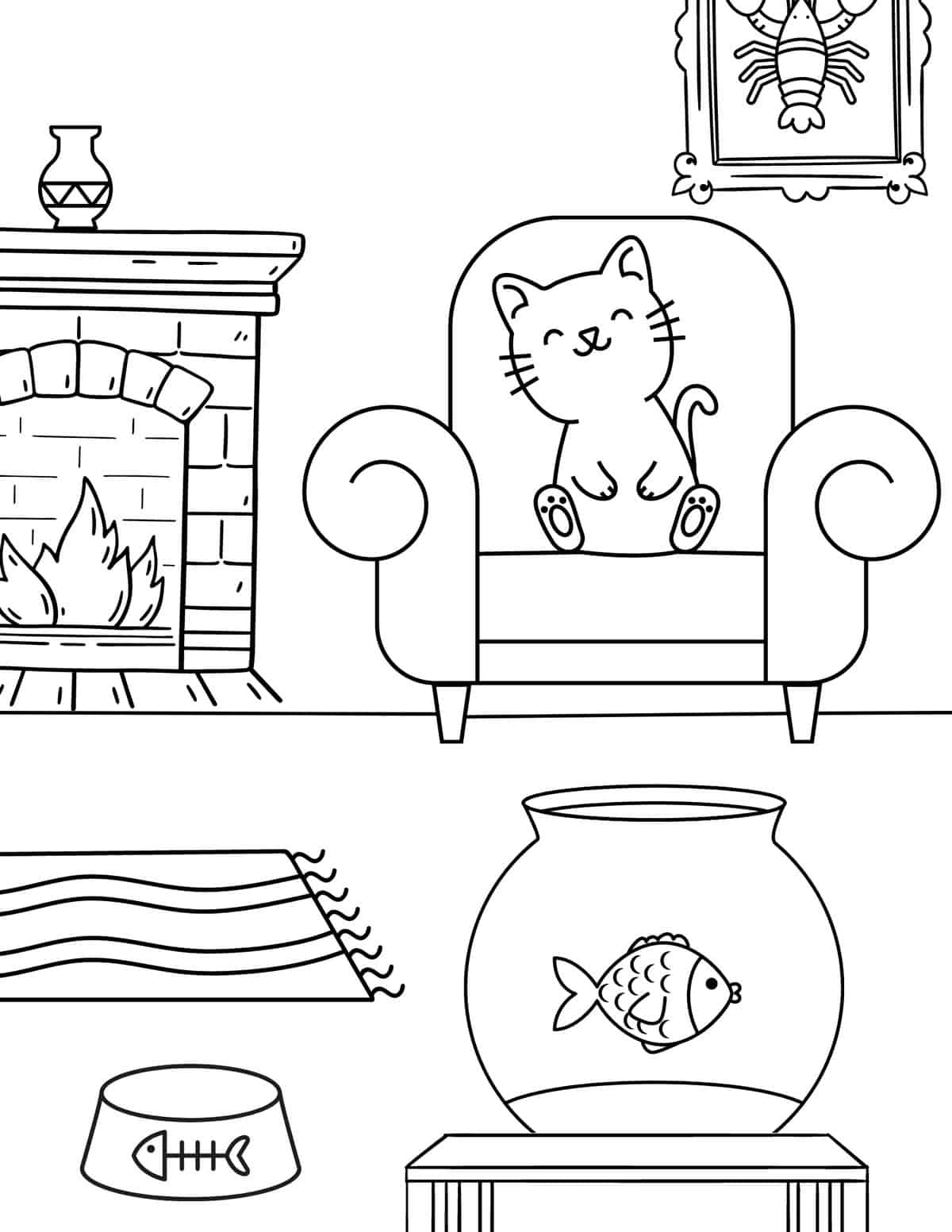 cat sitting on the sofa coloring page