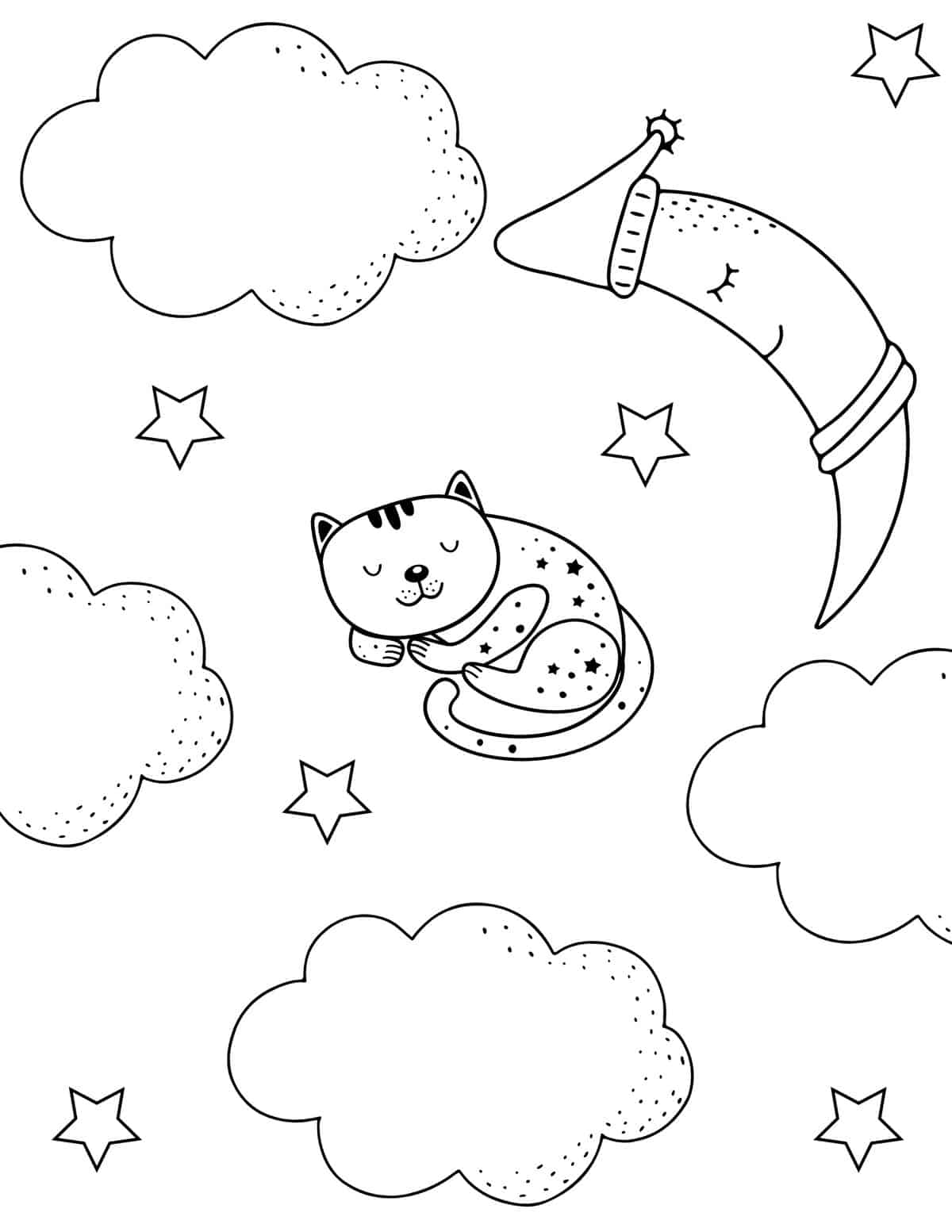 cat curled up sleeping in the sky with a moon, clouds and stars in the background