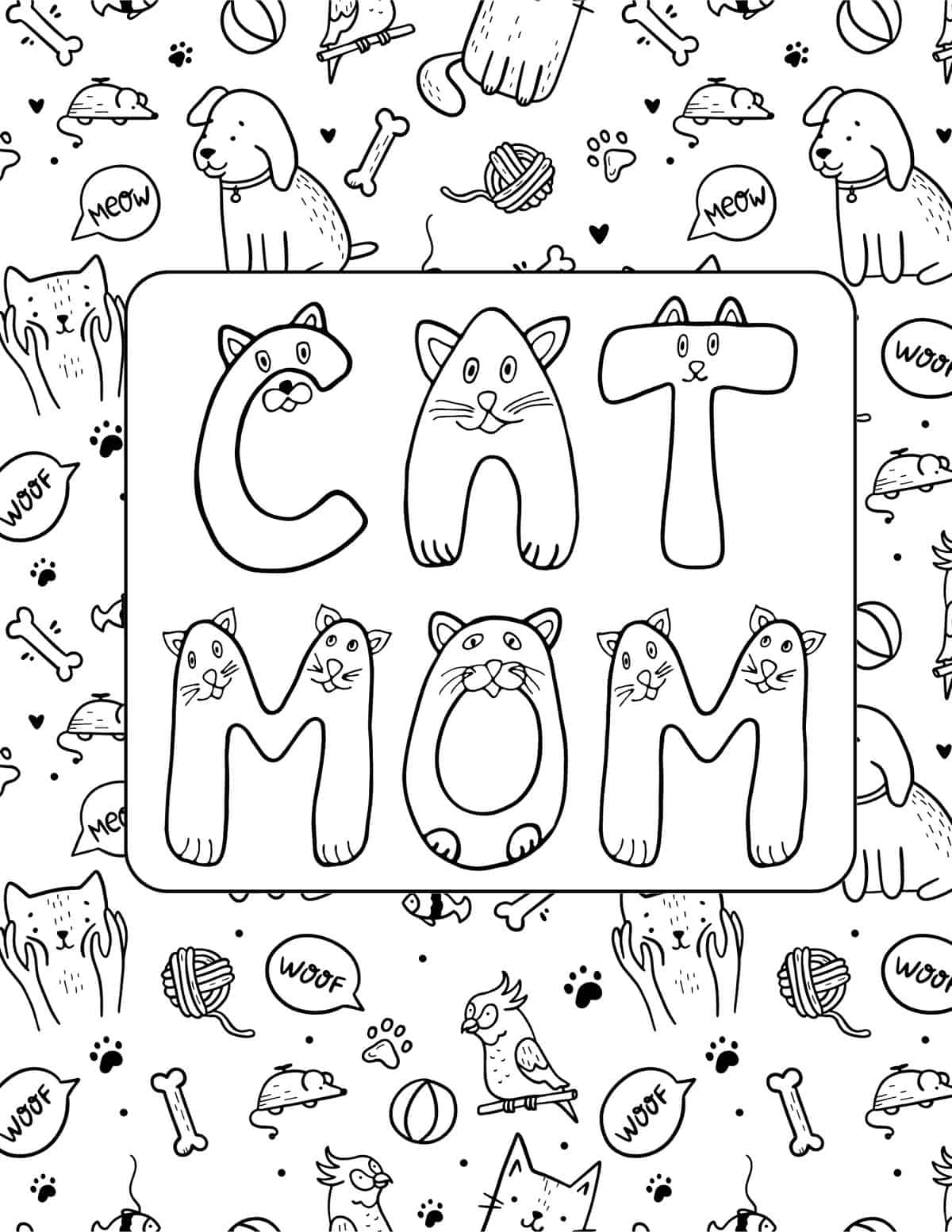 cat mom cat background coloring page