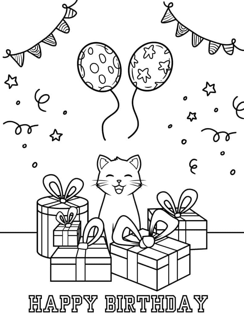 happy birthday cat coloring page