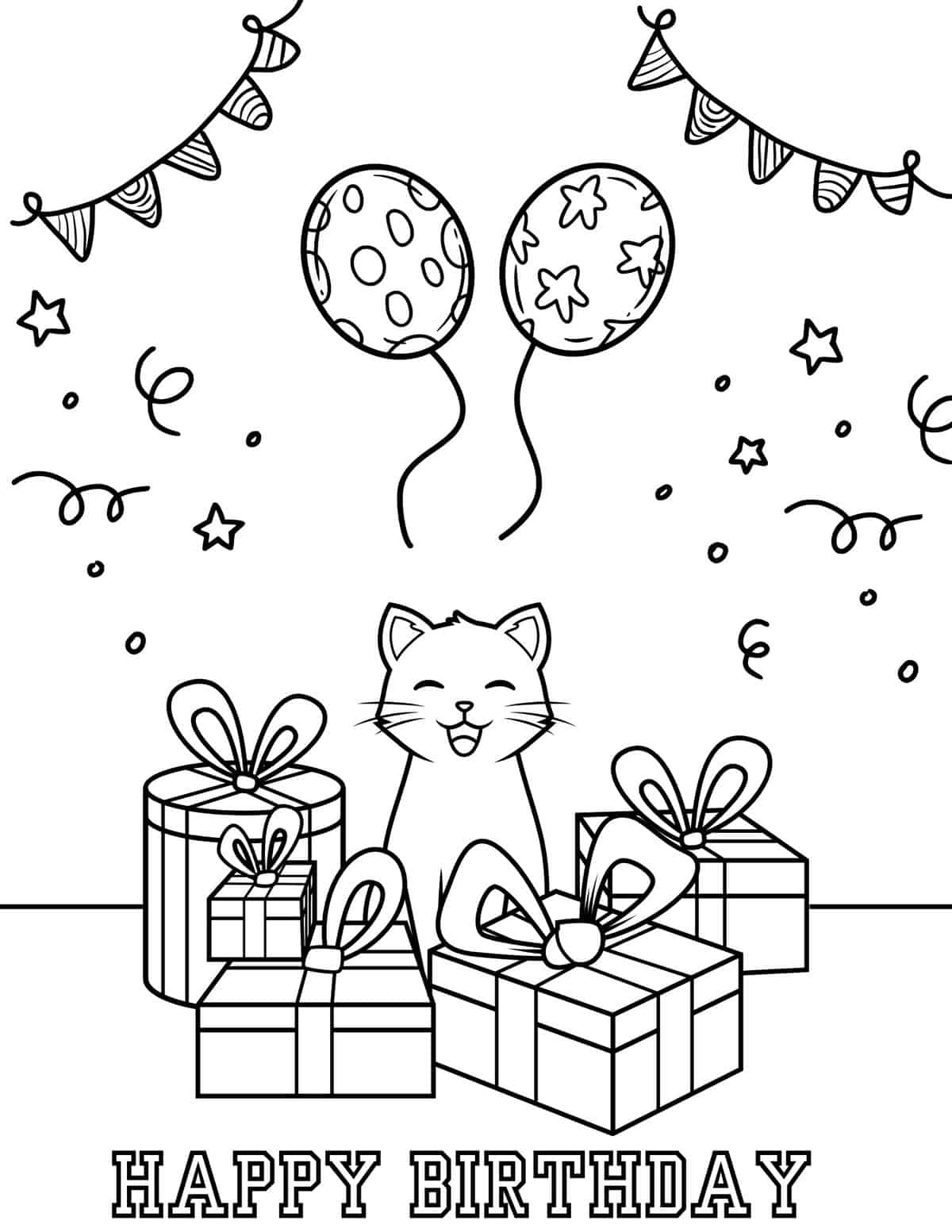 happy birthday cat coloring page