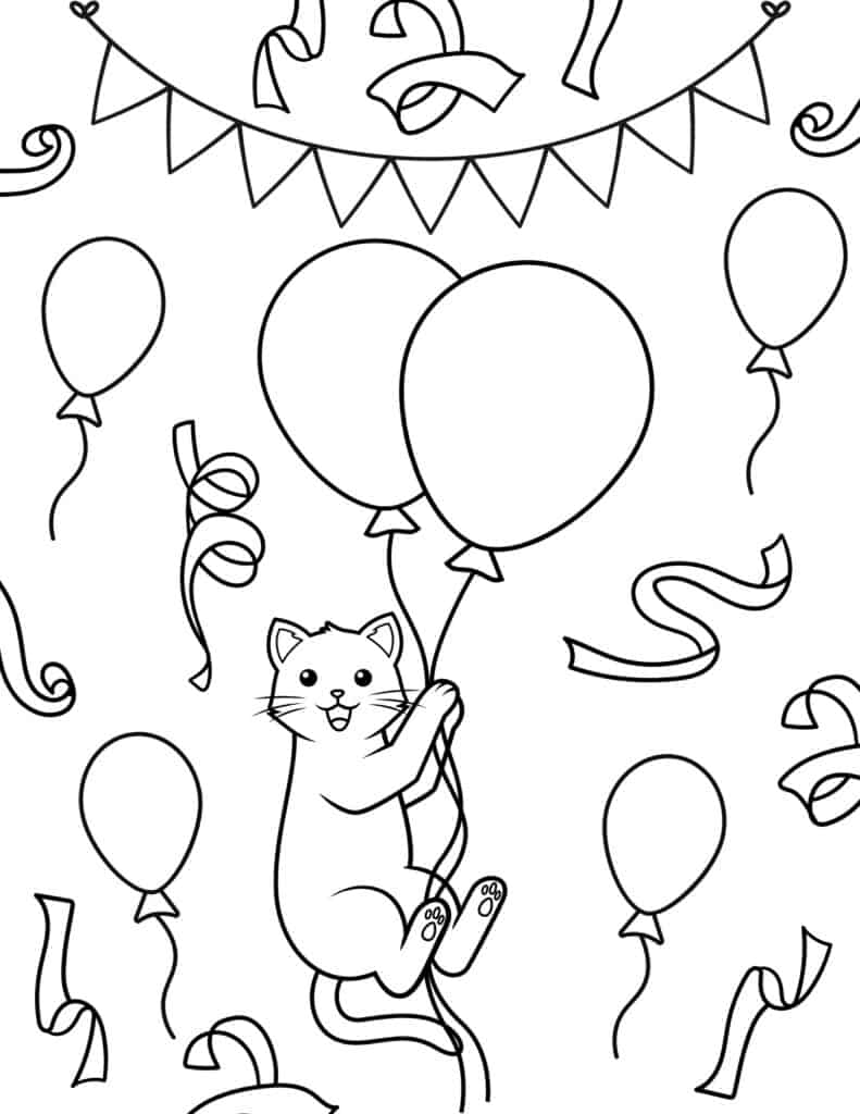 party cat floating with balloons