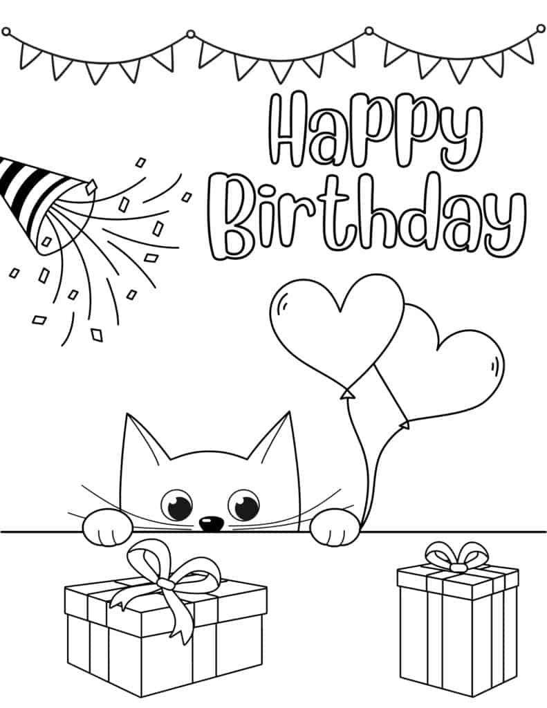 happy birthday cat coloring page 