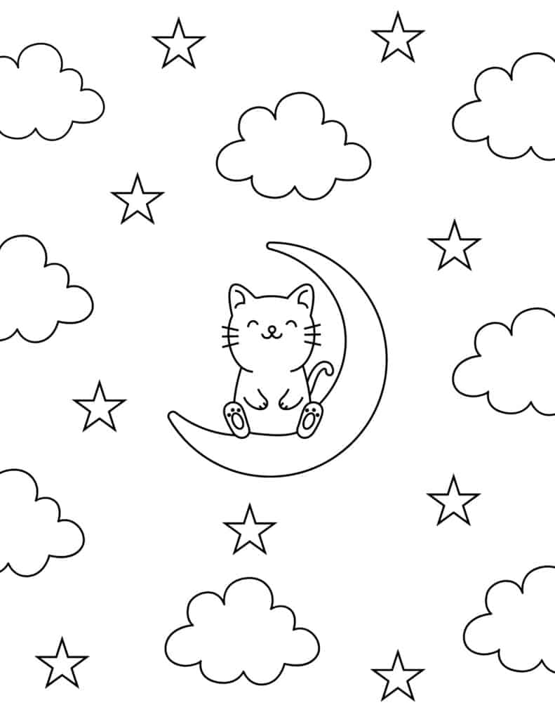 cat sitting on the moon coloring page