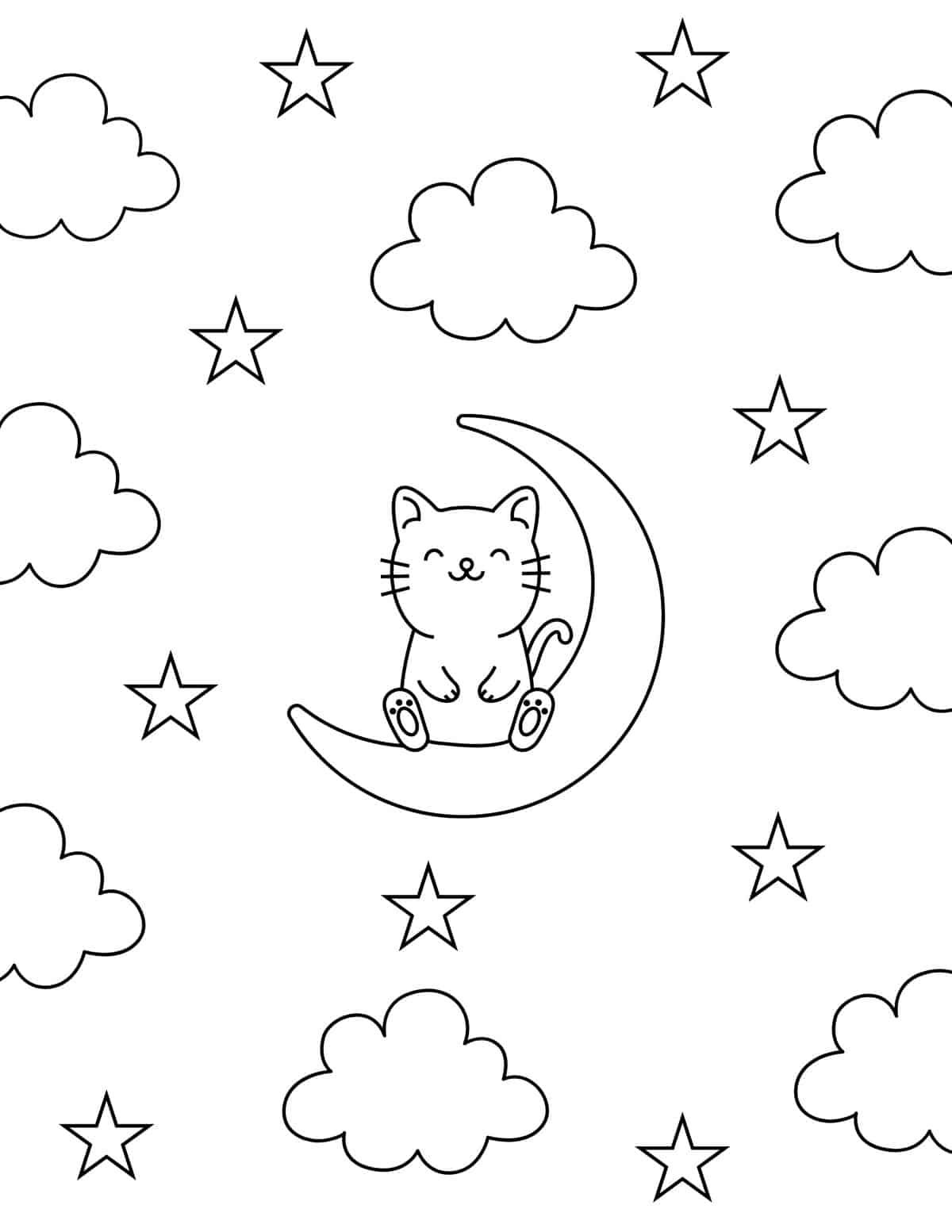 cat sitting on the moon coloring page