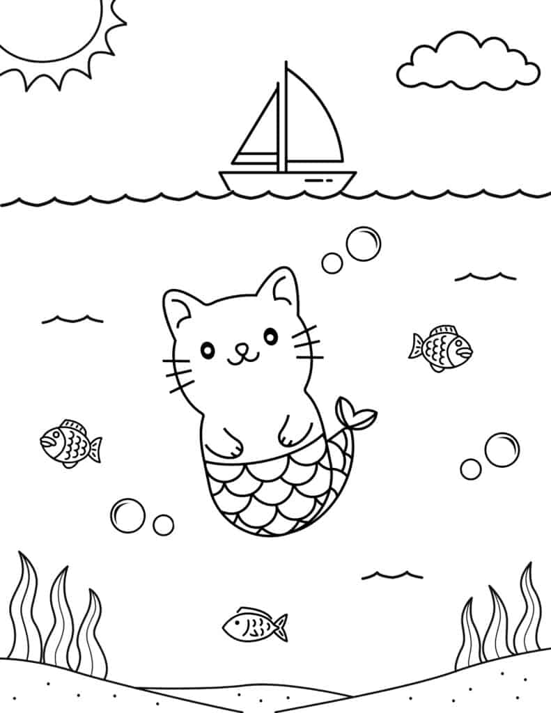 cat mermaid coloring page