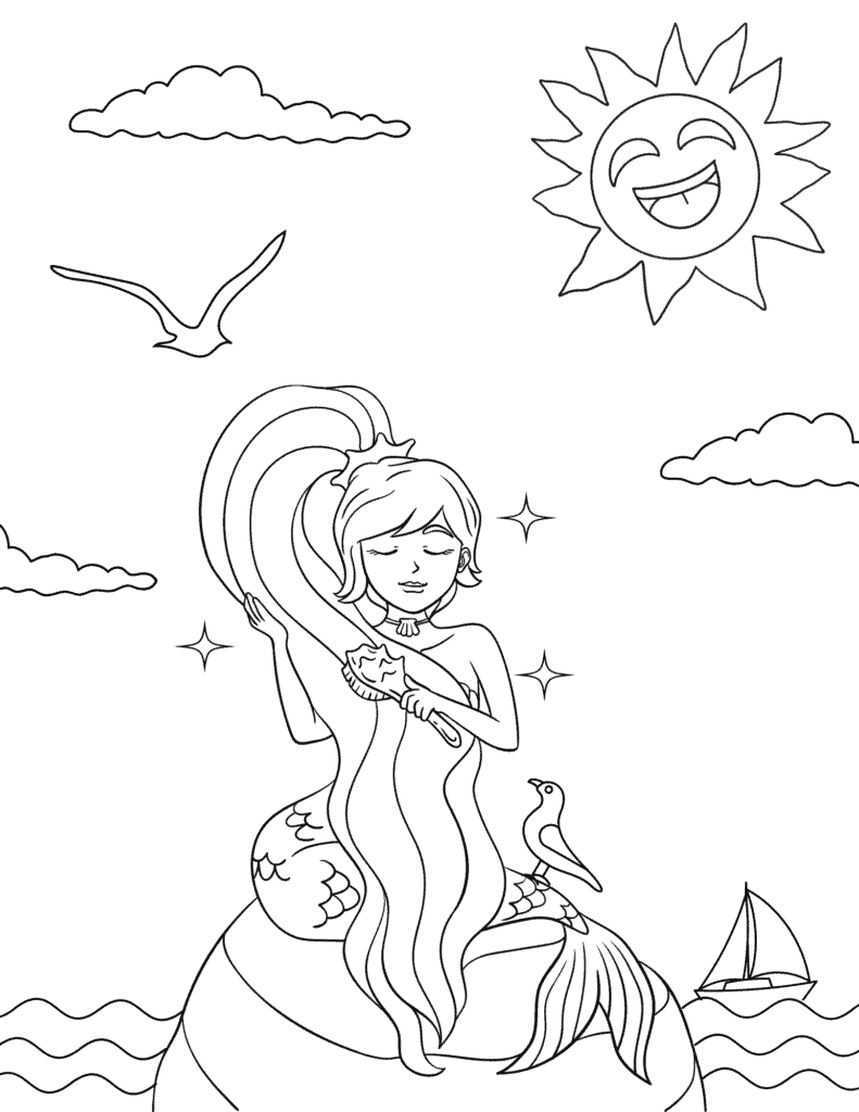mermaid coloring page where she is sitting on a rock brushing her long flowing hair