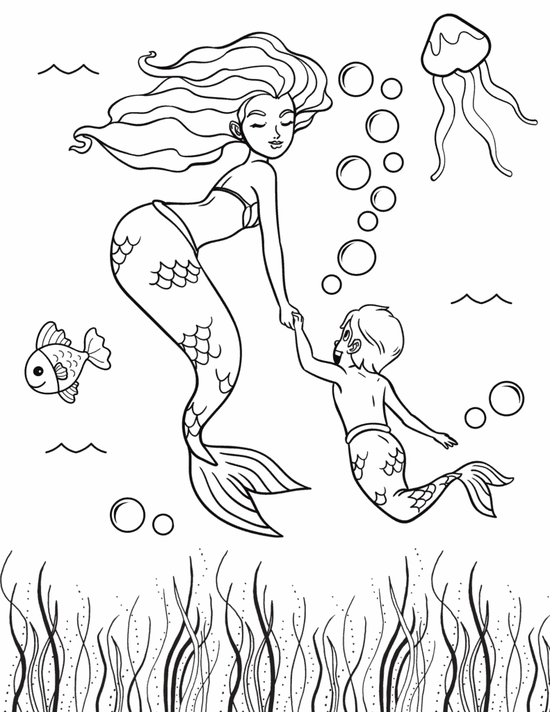mermaid holding a little boy mermaid's hand