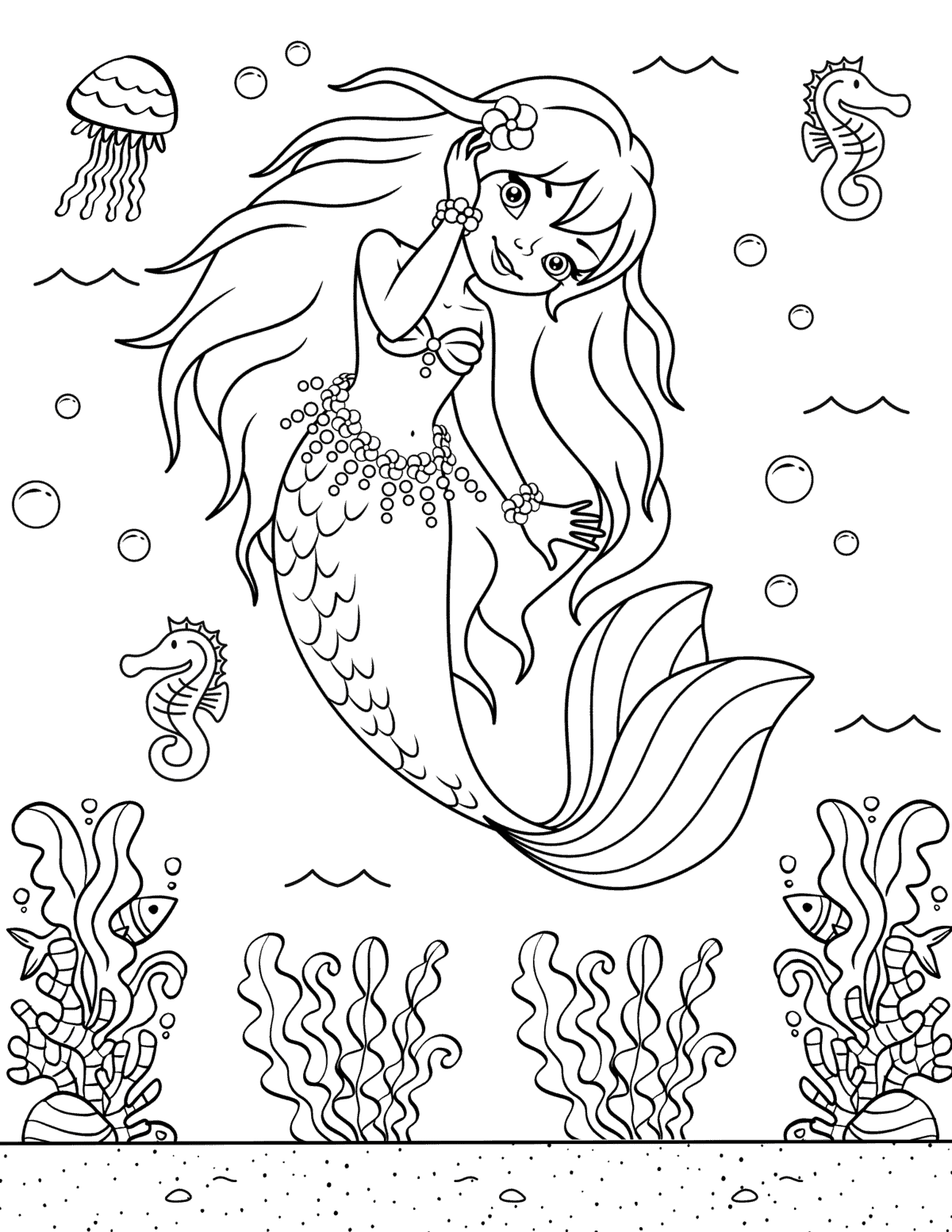 mermaid with long flowing hair swimming in the ocean coloring page