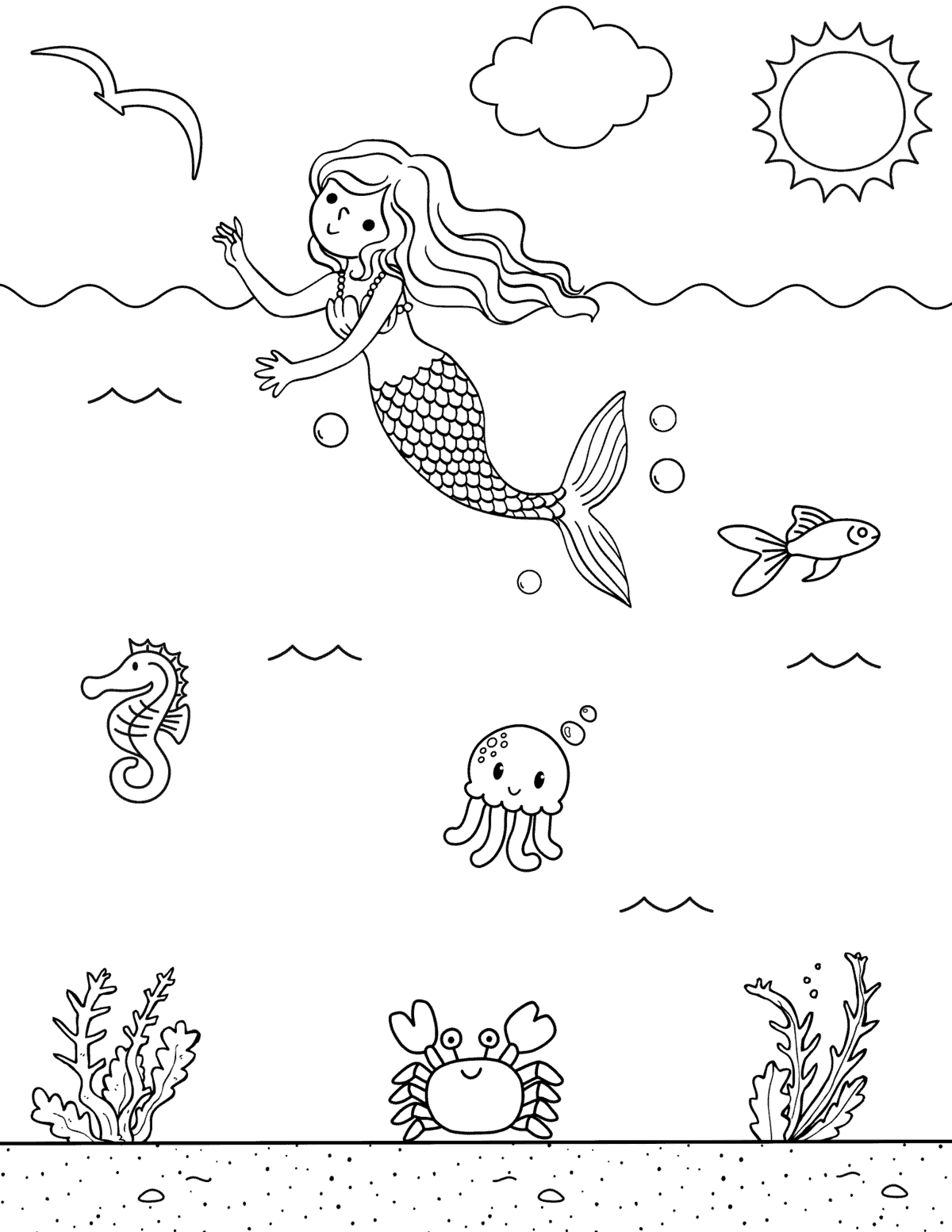 coloring page of a mermaid waving at a bird