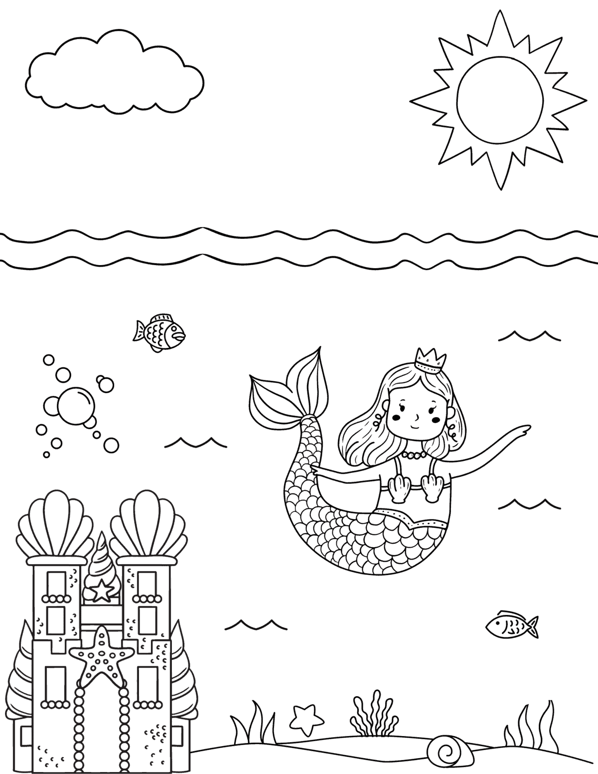 princess mermaid and her castle coloring sheet