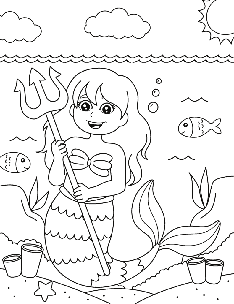 mermaid holding a trident with fish in the background