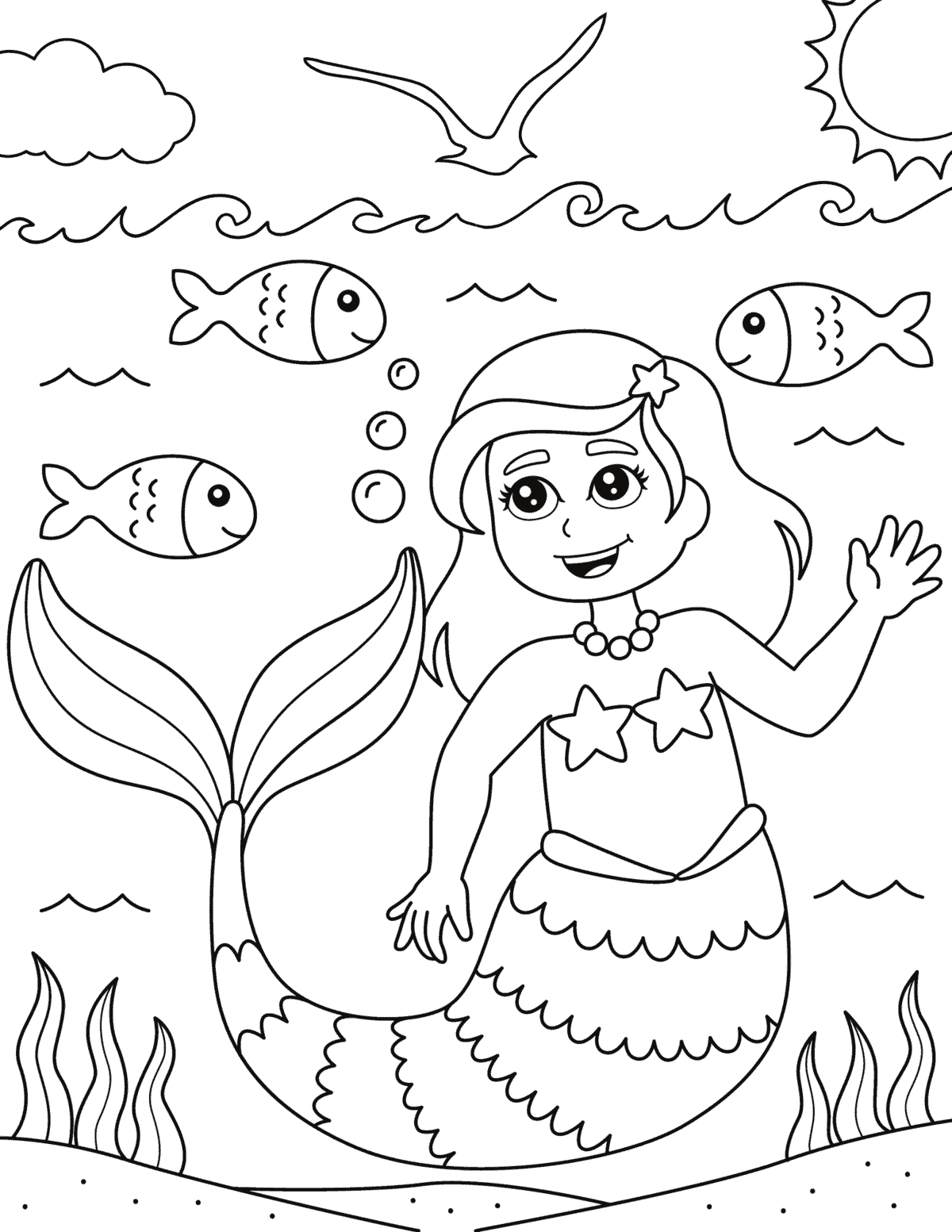a happy and waving little mermaid coloring page