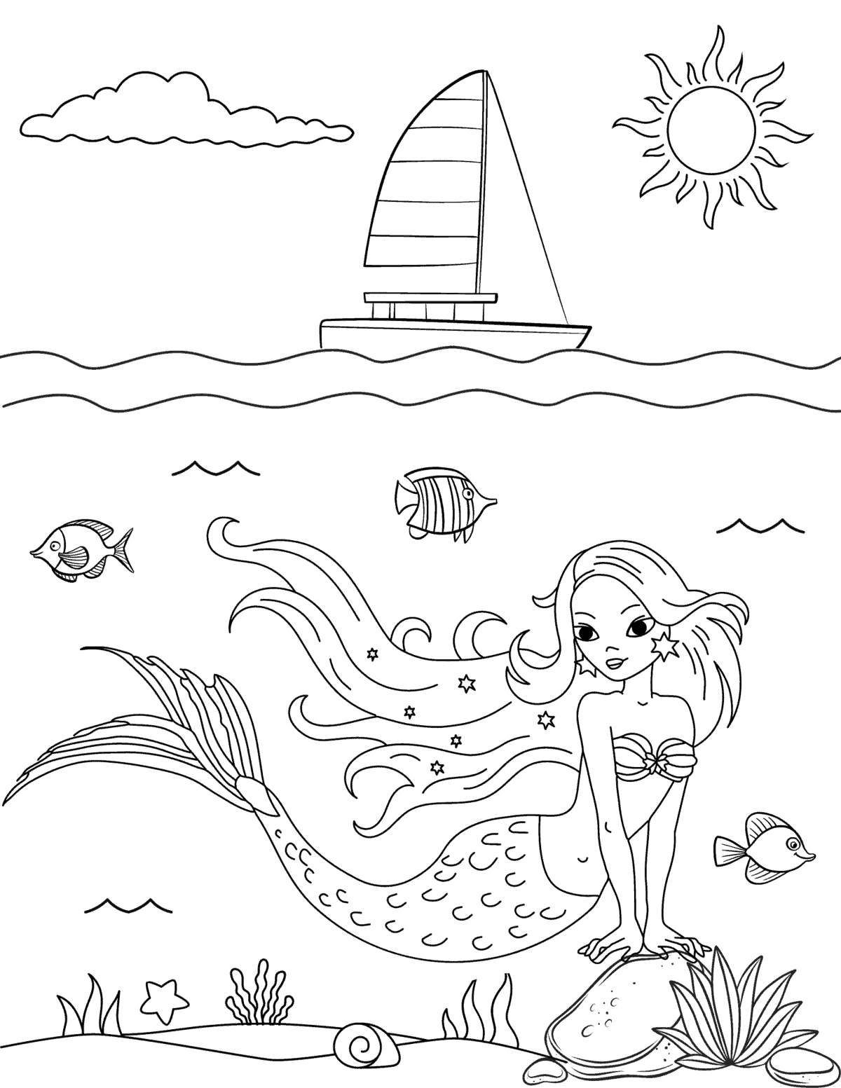 mermaid leaning on a rock in the ocean with a sailboat in the background