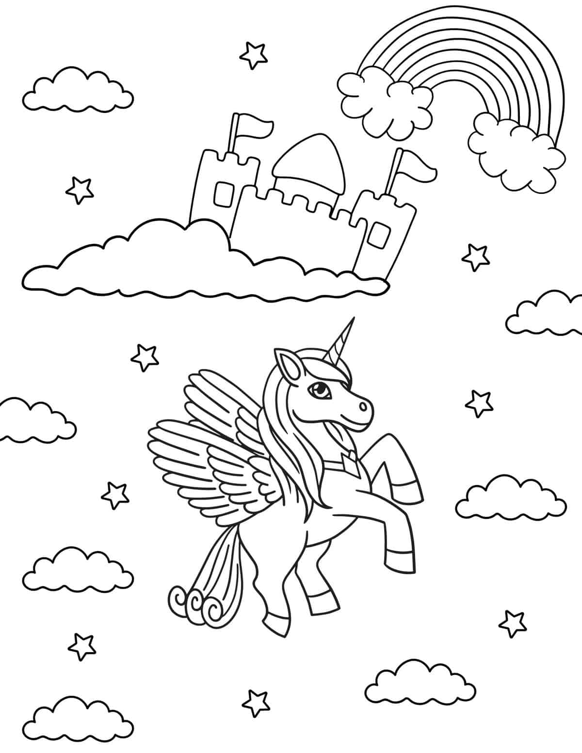 unicorn and castle in the sky coloring page