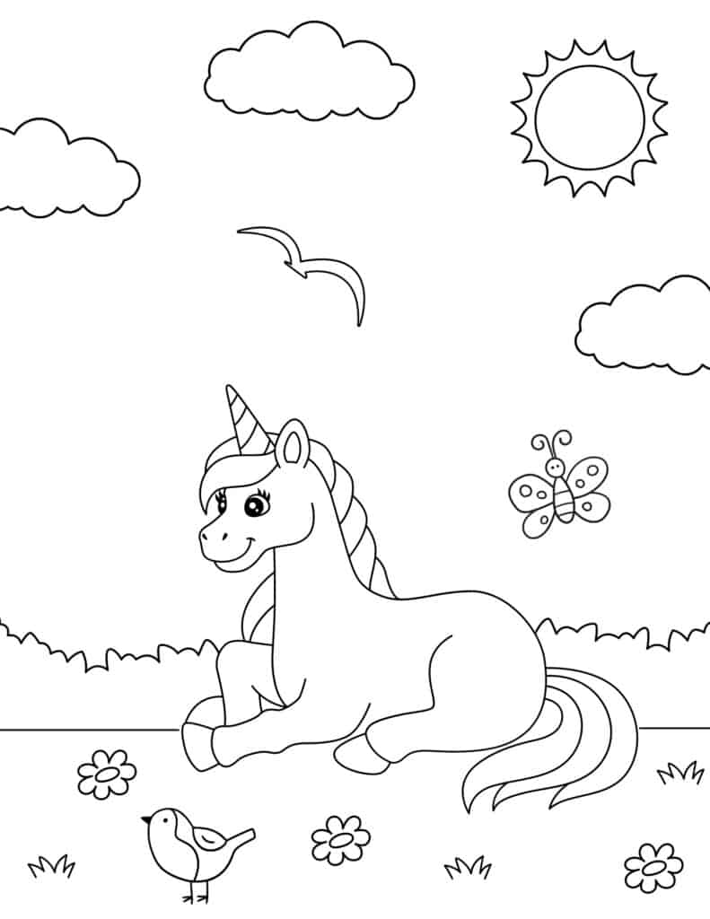 unicorn sitting in a sunny field with flowers 