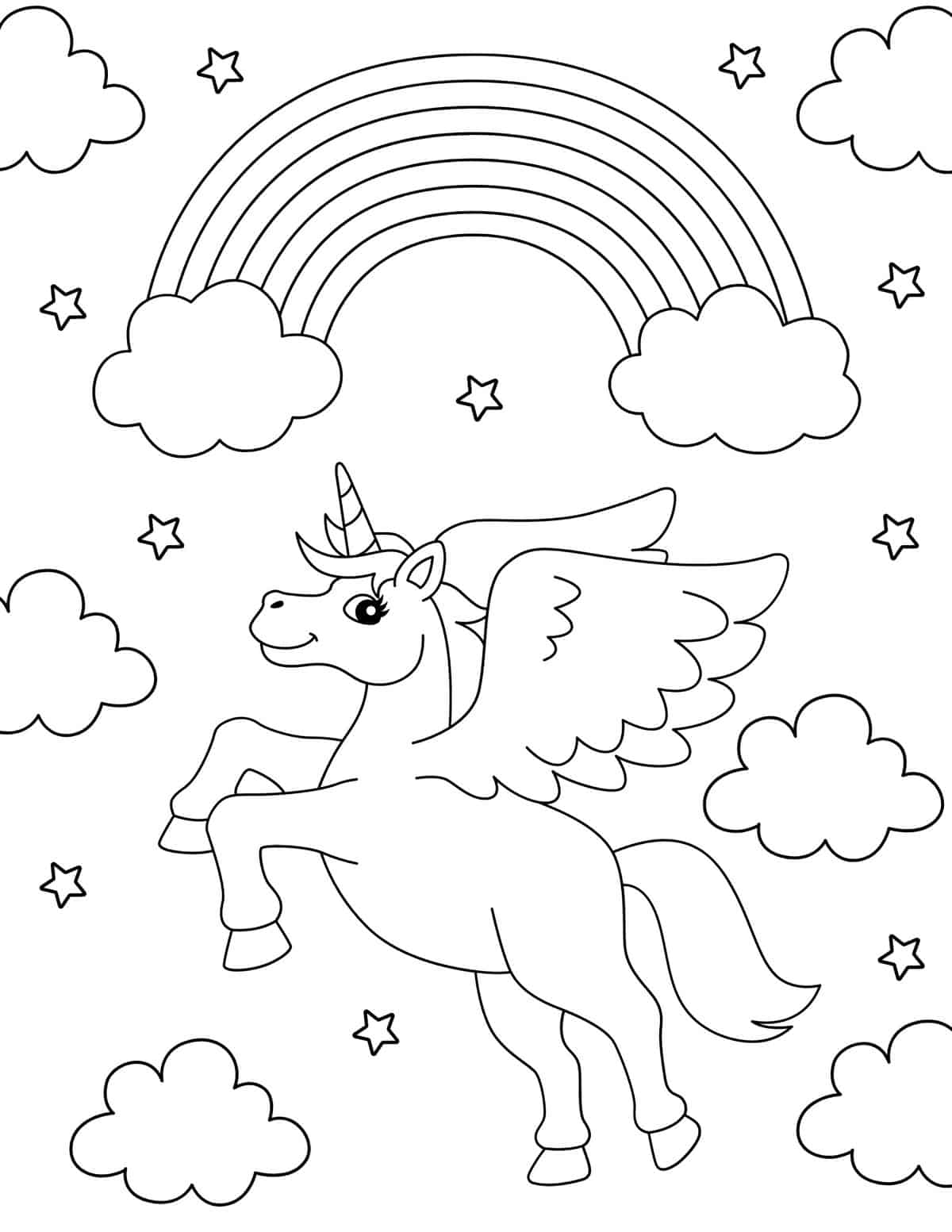 unicorn in the sky under a rainbow coloring sheet