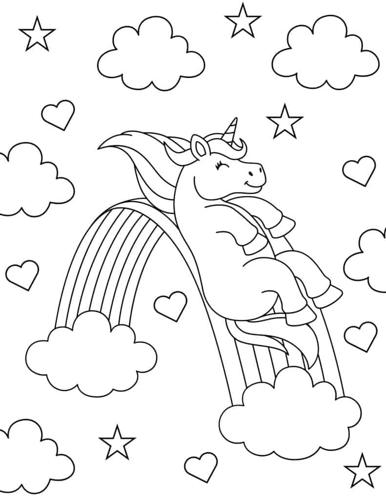 unicorn sliding down rainbow coloring page