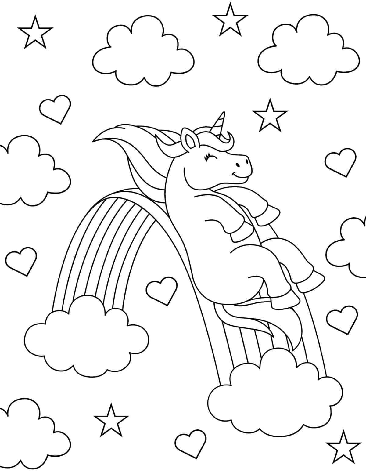 unicorn sliding down rainbow coloring page