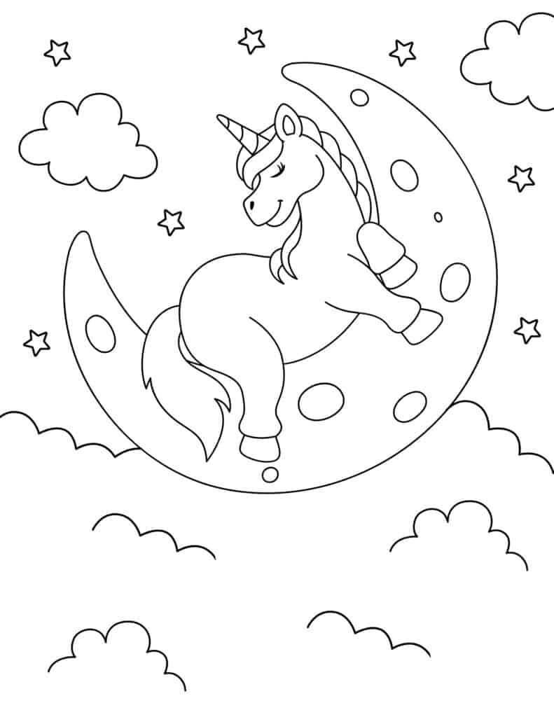 unicorn sitting on the moon coloring page for kids