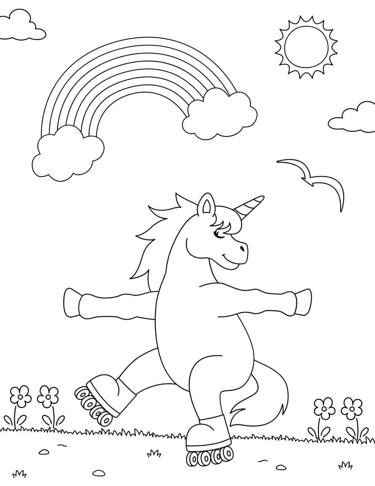 rolling skating unicorn coloring page